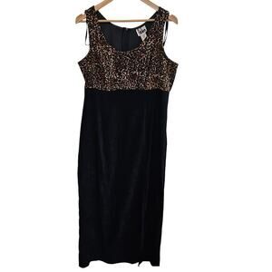 Vintage 90s Dress Womens Size 12 Black Animal Print Faux Suede Midi Whimsygoth